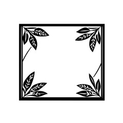 Square black frame with leaves in each corner, framed in leaves with a white background.