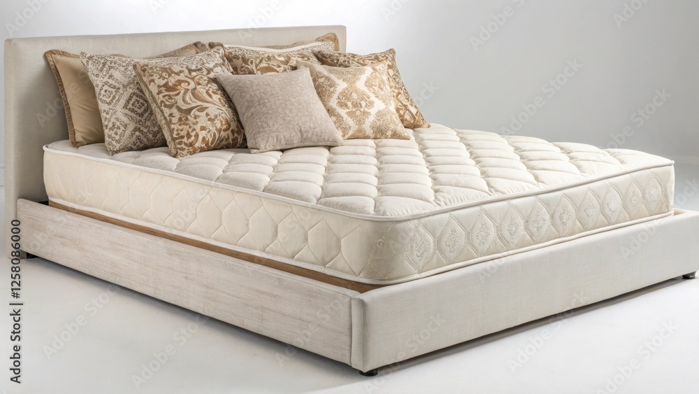 Poster a medium closeup focusing on a plush mattress integrated into a recessed bed frame accented by decor