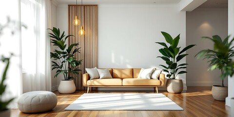 Fototapeta premium Sunny living room, tan couch, plants, hardwood floor, modern interior design