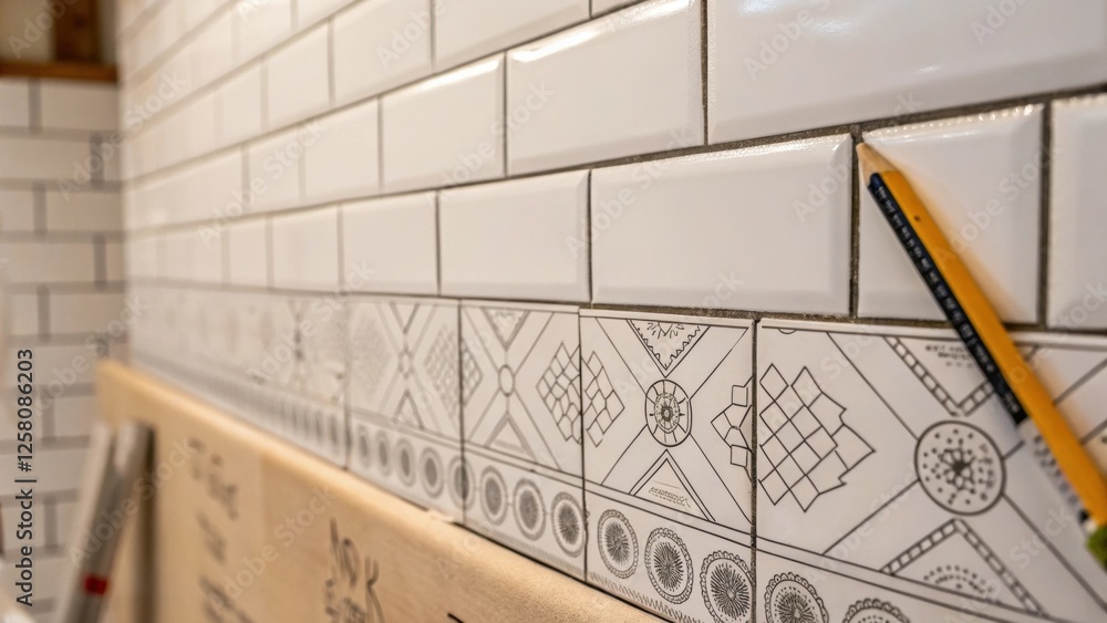 Poster a medium closeup highlighting a section of wall before tile installation featuring pencil markings a