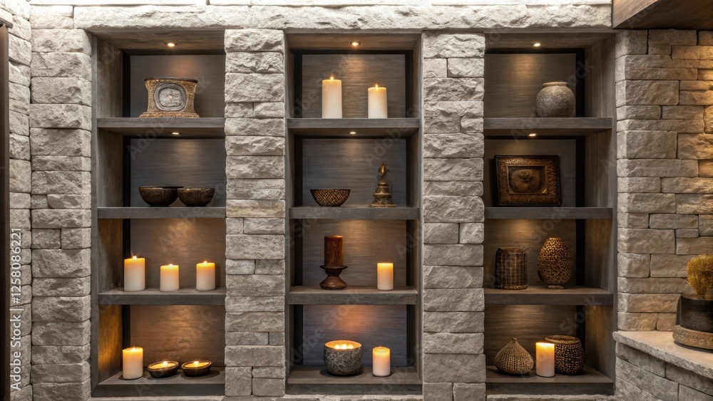 Poster A medium closeup highlighting a series of recessed display shelves with a backdrop of textured stone displaying an eclectic mix of artifacts and candles that create a cozy