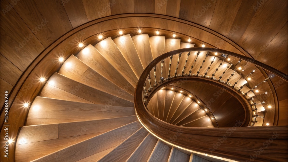 Poster A medium closeup highlighting the craftsmanship of a spiral staircase where LED lights accentuate the curves and provide mesmerizing illumination from below.