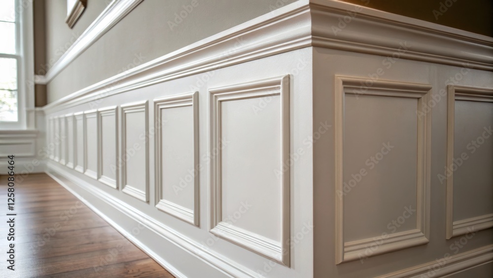 Poster a medium closeup image focusing on decorative molding that tops the wainscoting emphasizing modern d