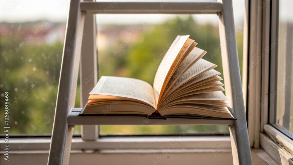 Poster A medium closeup image highlighting an open book resting on the railing of the ladder with pages fluttering lightly in the breeze from an open window nearby creating a sense of