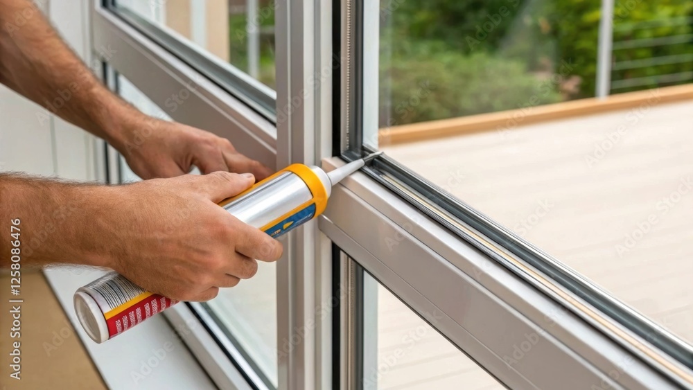 Aufkleber A medium closeup image of a worker applying weatherproofing sealant around the edges of the sliding glass doors frame skillfully smoothing it out for a tight seal.