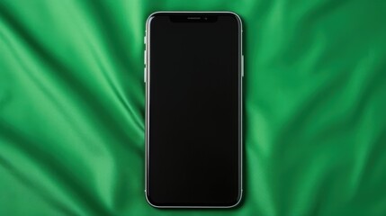 photograph of hand holding smartphone with green screen chromakey for mobile application mockup on background of USA flag.