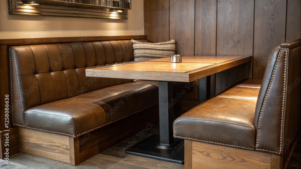 Poster a medium closeup of a banquette nook featuring a mix of materials with a wooden table leather uphols