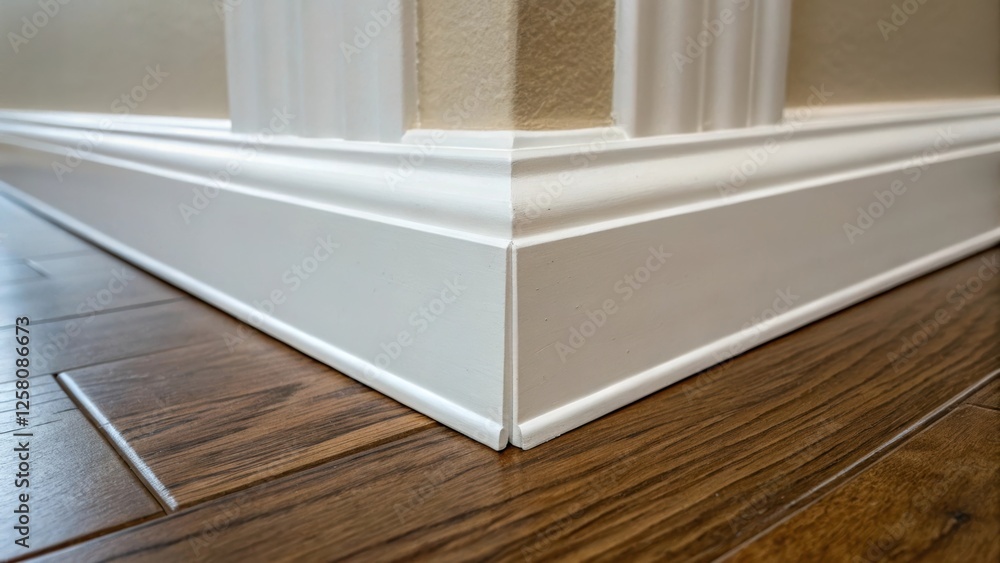 Poster a medium closeup of a baseboard junction where two pieces meet showcasing the precise alignment and 