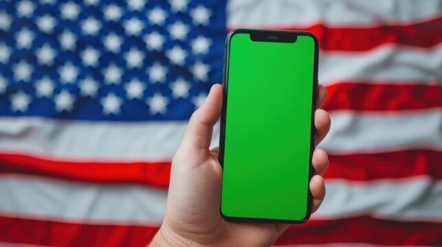photograph of hand holding smartphone with green screen chromakey for mobile application mockup on background of USA flag. - Powered by Adobe