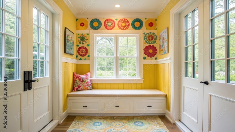 Poster a medium closeup of a bright and cheerful mudroom featuring a builtin bench flanked by large windows