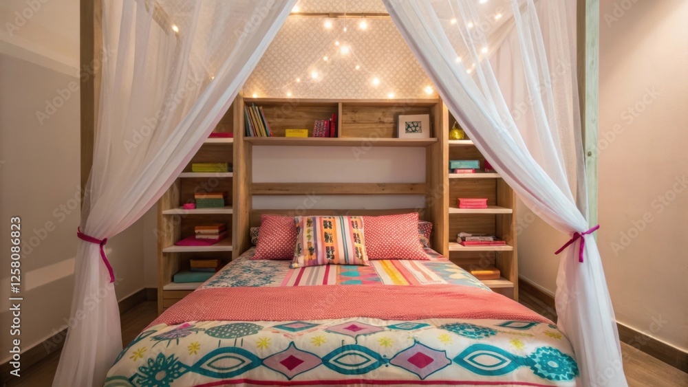 Fototapete a medium closeup of a bed with vibrant bedding displaying integrated shelves and a playful canopy ma