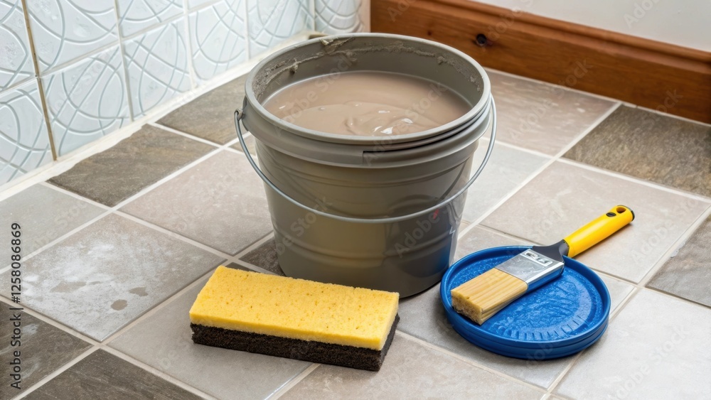 Aufkleber A medium closeup of a bucket filled with wet grout accompanied by a sponge and float indicating the next step in completing the tile installation in the entryway.