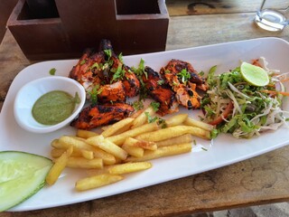 A Plate of Tandoori Chicken with Fries