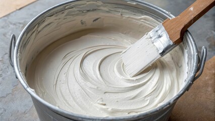 Fototapeta premium A medium closeup of a bucket filled with freshly mixed plaster with a spatula resting on the edge suggesting readiness for application on the walls.