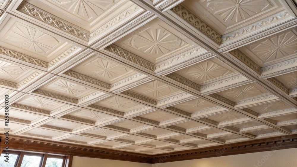 Poster A medium closeup of a ceiling being prepared displaying the delicate arrangement of acoustic tiles and the intricate ceiling framework.