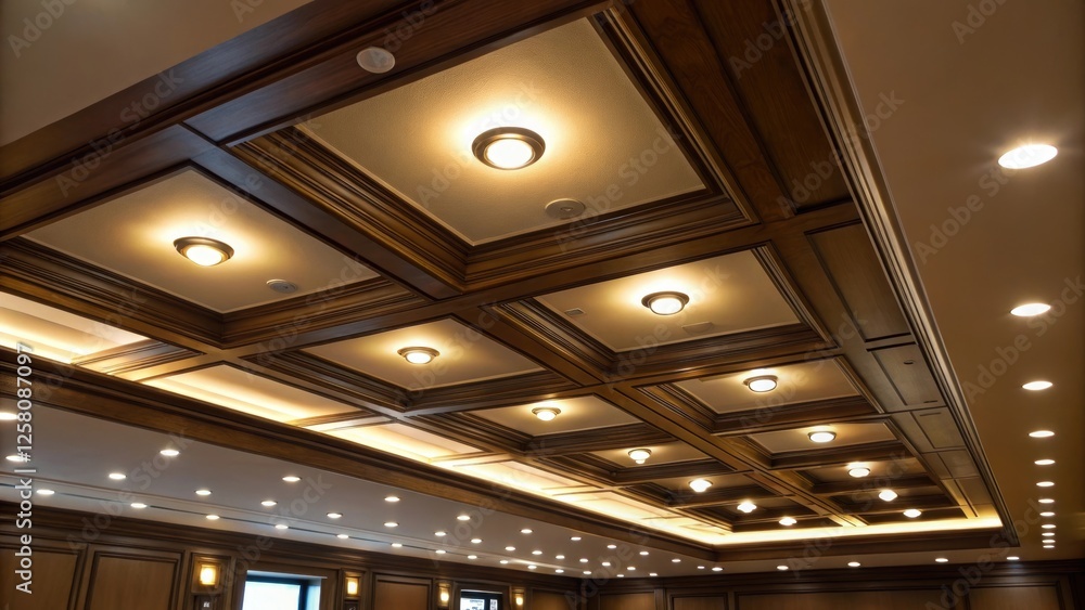 Poster A medium closeup of a ceiling with multiple recessed lights installed showing their uniform spacing and the warm glow emanating from each fixture creating a cozy atmosphere.