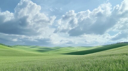 Fototapeta premium Rolling green hills under a soft, cloudy sky, creating a peaceful and expansive natural landscape.