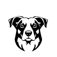 A sleek black and white illustration of a dog's head, depicting a canine in a minimalist style with stark contrast against a white background.