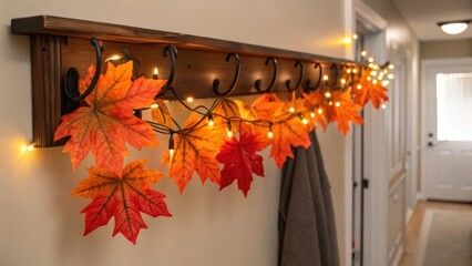 A medium closeup of a coat rack adorned with seasonal decorations such as autumn leaves and ling lights transforming a simple hallway into a festive space.
