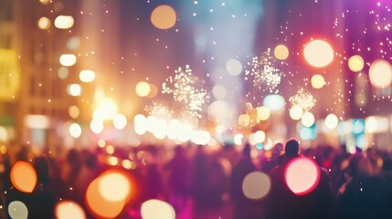 Vibrant city nightlife with colorful bokeh lights and festive atmosphere