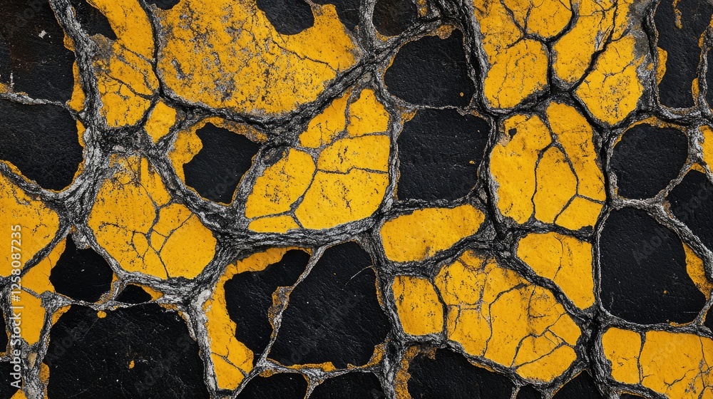 Poster a rugged rock surface with bold yellow and black patterns, captured in a close-up view to reveal the
