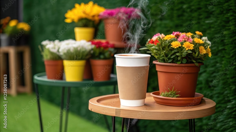 Poster a medium closeup of a coffee cup resting on a small table a vibrant flower pots with the artificial 