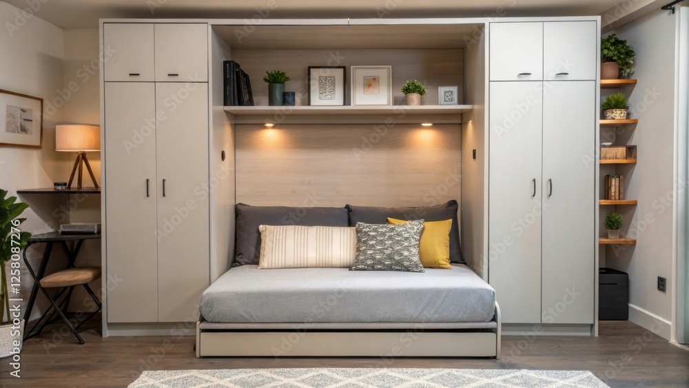 Poster a medium closeup of a compact living area with a dropdown bed tucked into the wall visually showcasi