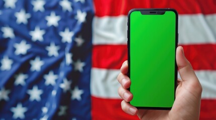 photograph of hand holding smartphone with green screen chromakey for mobile application mockup on background of USA flag.
