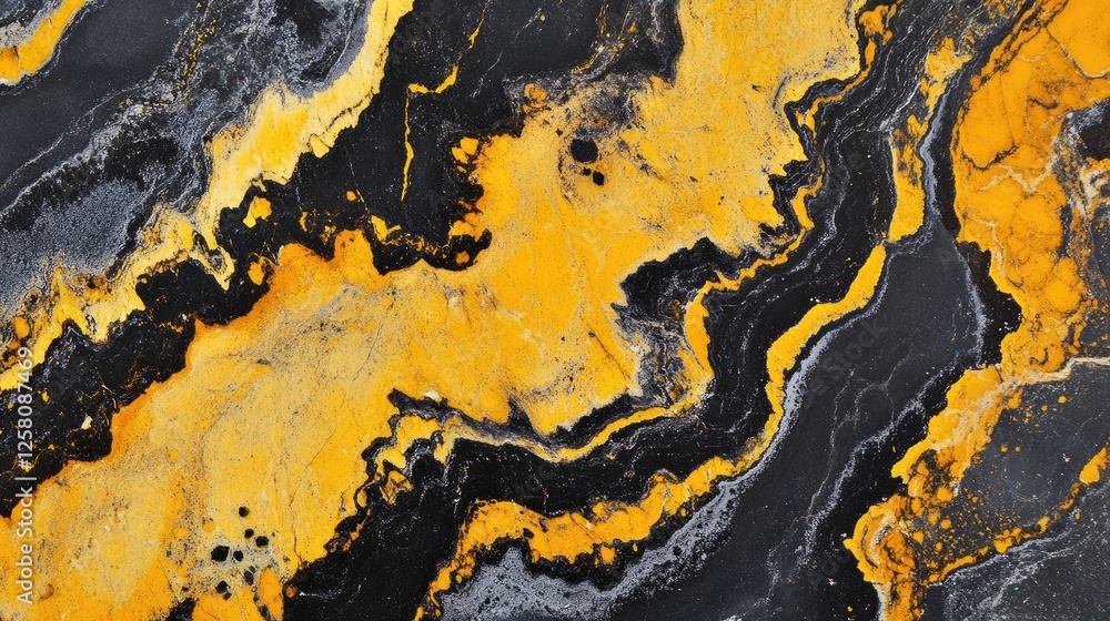 Poster a rugged rock surface with bold yellow and black patterns, captured in a close-up view to reveal the