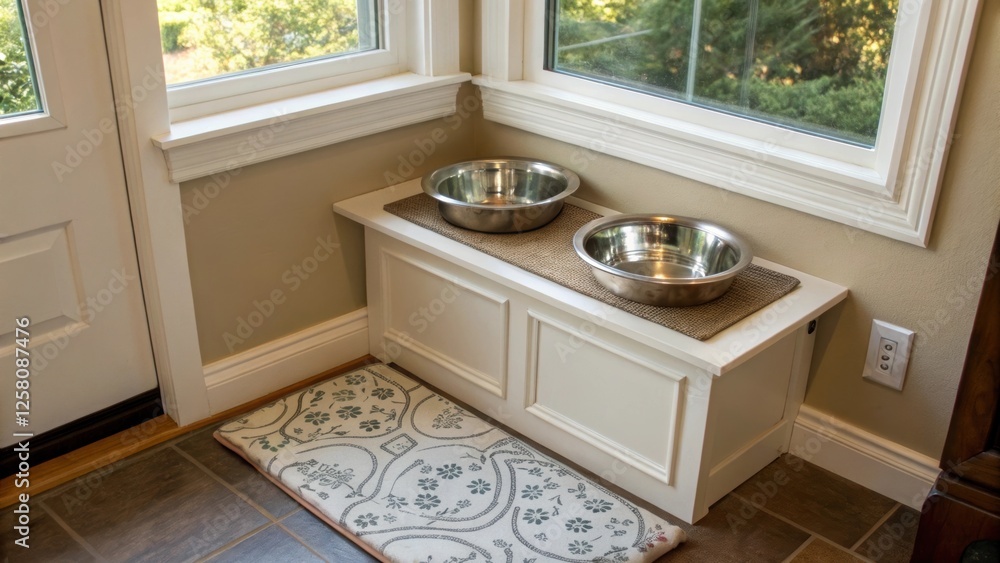 Poster a medium closeup of a corner pet feeding area showcasing a small builtin bench beneath a window with