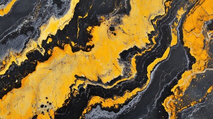 A rugged rock surface with bold yellow and black patterns, captured in a close-up view to reveal the intricate textures and natural beauty of the stone.