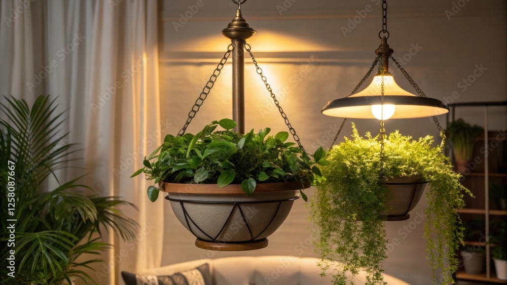 Poster a medium closeup of a cozy indoor corner with hanging planters each supported by elegant brackets an