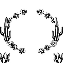 Desert-themed image, featuring cactuses and floral elements in a black and white style, arranged symmetrically. © MatandSterre