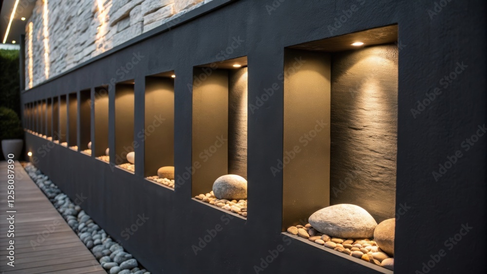 Poster a medium closeup of a darkpainted wall with shallow recesses each featuring mood lighting and decora