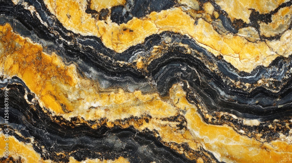 Poster A rugged rock surface with distinctive yellow and black patterns, captured up close to highlight the rich textures and organic beauty of the stone.