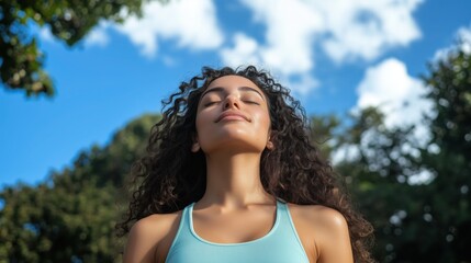 Naklejka premium A beautiful woman with closed eyes is standing in the forest, enjoying nature and breathing fresh air. She has long curly hair and wears casual . 