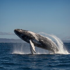 Fototapeta premium A majestic humpback whale breaching in a sparkling sea under a sunny sky. A giant whale breaching the ocean surface dramatically. Experience the excitement of a whale-watching expedition with our ima