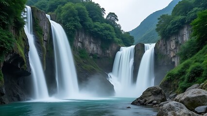 Fototapeta premium Cascading waterfalls in green valleys and picturesque landscapes