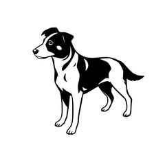 A black and white illustration of a terrier-like dog standing on a white background.