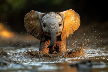 Baby Elephant Playing Joyfully in Mud Puddle