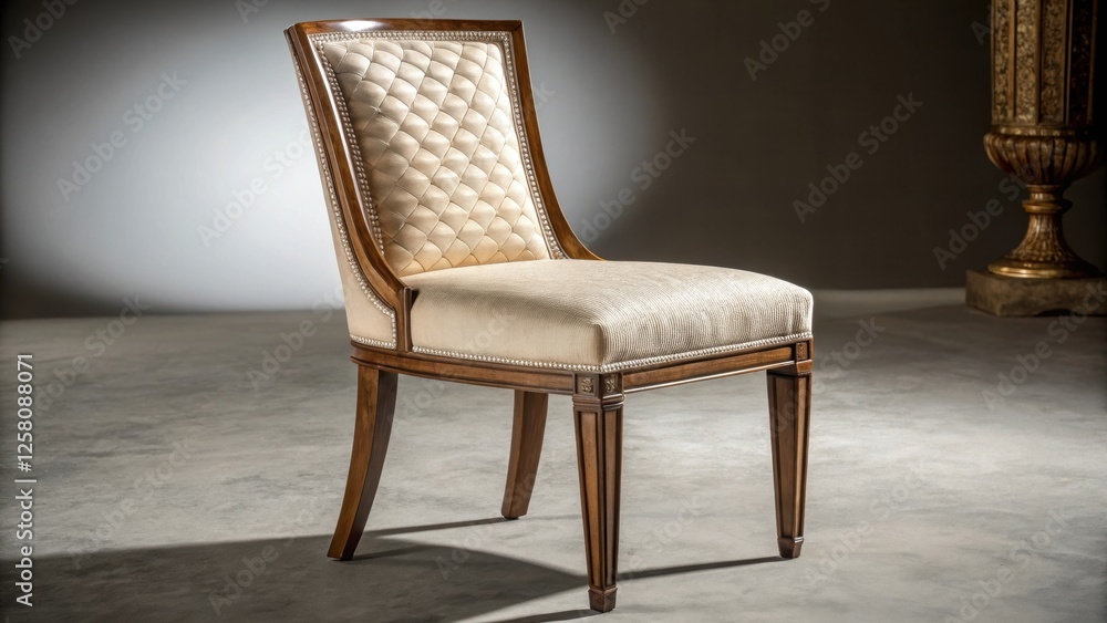Poster a medium closeup of a dining chair upholstered in luxurious fabric complemented by ambient lighting 