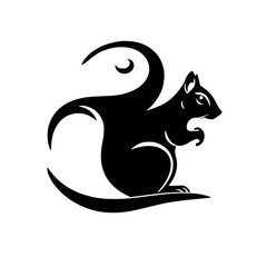 Black and white stylized illustration of a squirrel in profile, with a unique swooping tail design, set against a white background.