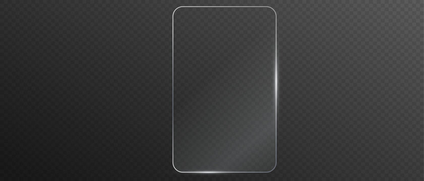 Glass plate on transparent background. Realistic screen glass, window mockup, clear glass showcase, glossy plastic glare frame, acrylic with glares and light, clear rectangular plate, plexiglas, 3d.
