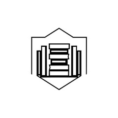 Outline of a stylized geometric form containing vertical and horizontal elements.