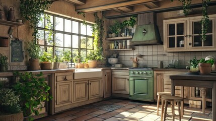 A rustic farmhouse kitchen featuring vintage cabinets, with plants and greenery scattered throughout, creating a homey and charming rural setting