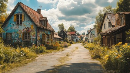Obraz premium Overgrown road, quaint painted houses, village scene.