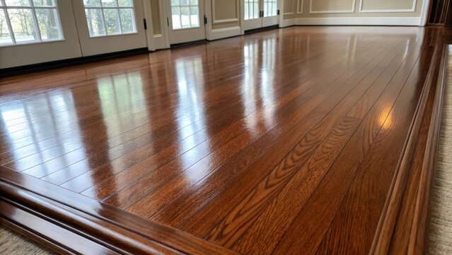 A medium closeup of a floor monitor p on the newly refinished wood illustrating the luster and depth of color achieved through the refinishing effort.
