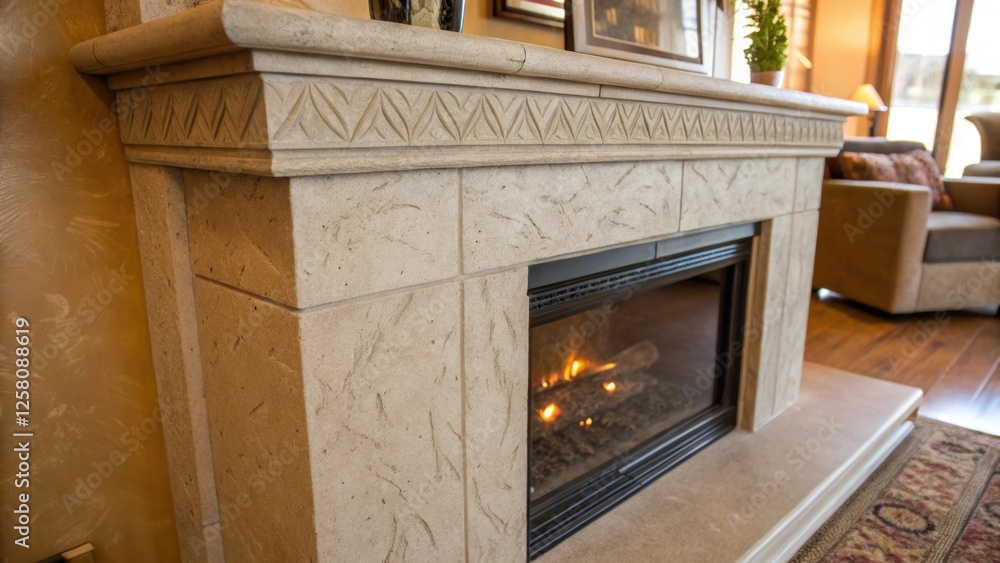 Poster A medium closeup of a freshly finished textured concrete fireplace with subtle patterns and a matte surface reflecting warm ambient light.