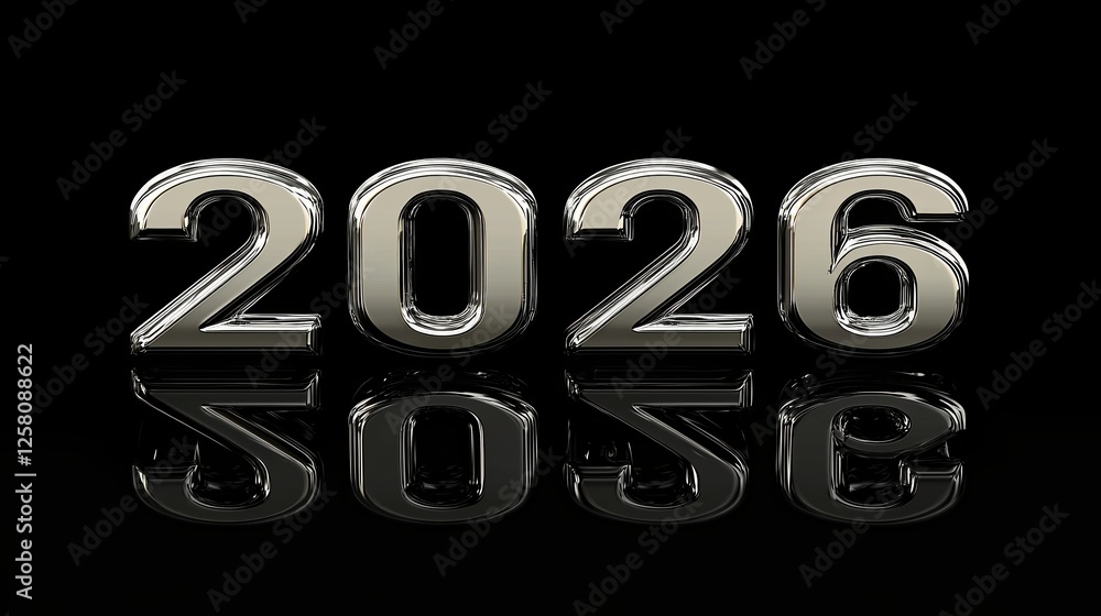 Poster shiny metallic numbers displaying the year 2026 on a reflective black background