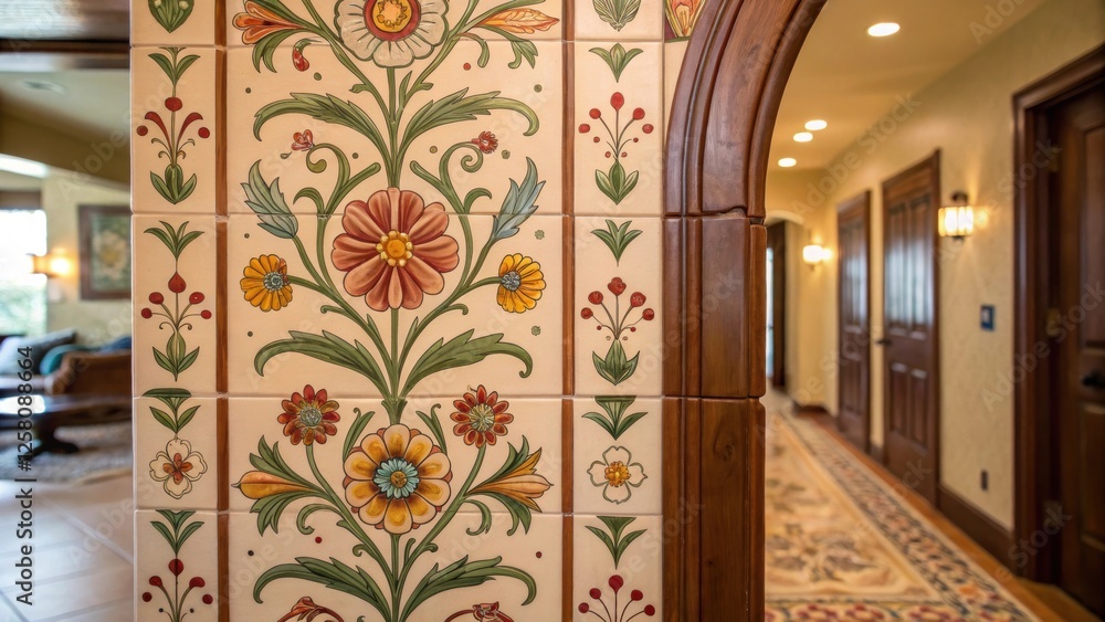 Poster a medium closeup of a handpainted tile accent wall depicting floral designs infusing the entryway wi